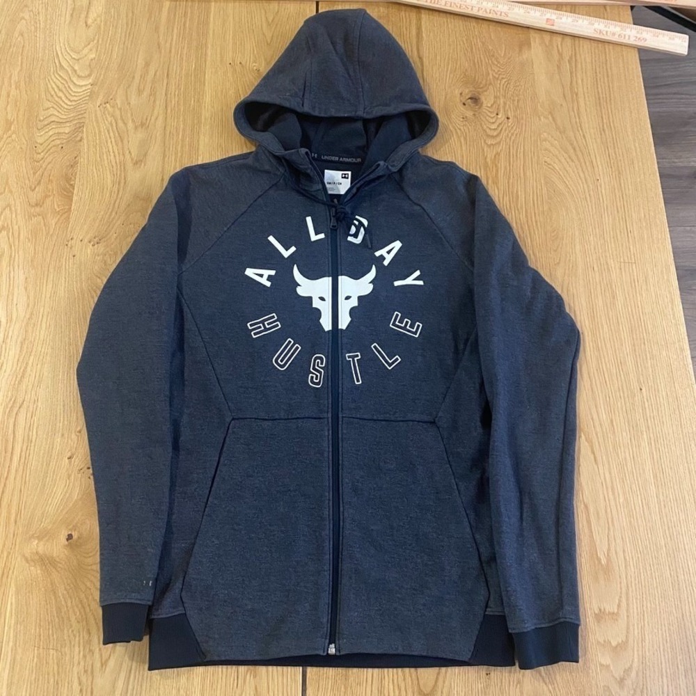 Under Armour Project Rock Hoodie Mens Small Gray All Day Hustle Full Zip Gym